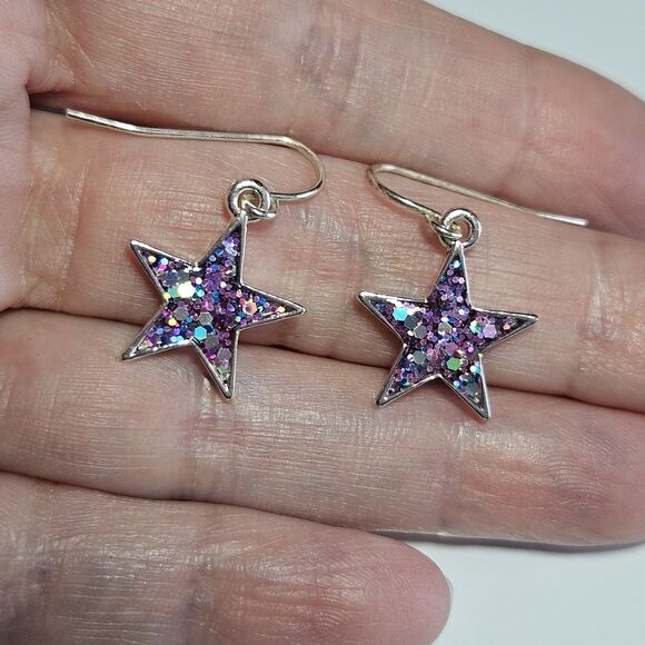 Silver Tone Dainty Pink Glitter Inlay Stars Dangling Earrings - Picture 1 of 11